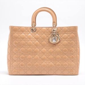 Christian Dior Lady Dior Cannage Patent Leather Handbag Beige